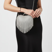 Load image into Gallery viewer, Clutch Silver Rhinestone Fringe Heart Hardcase Bag