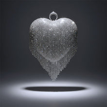 Load image into Gallery viewer, Clutch Silver Rhinestone Fringe Heart Hardcase Bag
