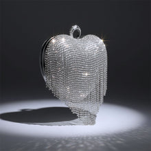 Load image into Gallery viewer, Clutch Silver Rhinestone Fringe Heart Hardcase Bag