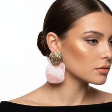 Load image into Gallery viewer, Hammered Gold & Light Pink Resin Drop Earrings