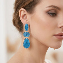 Load image into Gallery viewer, 3 Tier Drop Blue Mosaic Gold Geometric Earrings
