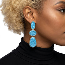 Load image into Gallery viewer, 3 Tier Drop Blue Mosaic Gold Geometric Earrings