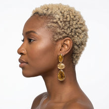 Load image into Gallery viewer, 3 Tier Drop Brown Mosaic Gold Geometric Earrings