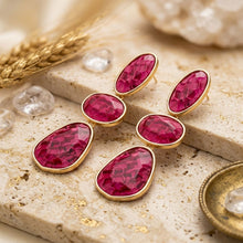 Load image into Gallery viewer, 3 Tier Drop Fuchsia Mosaic Gold Geometric Earrings