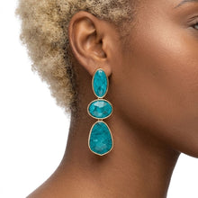 Load image into Gallery viewer, 3 Tier Drop Green Mosaic Gold Geometric Earrings