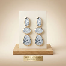 Load image into Gallery viewer, 3 Tier Drop Gray Mosaic Gold Geometric Earrings