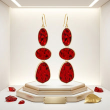 Load image into Gallery viewer, 3 Tier Drop Red Mosaic Gold Geometric Earrings