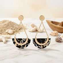 Load image into Gallery viewer, Black Marbled Half Moon Gold Drop Earrings