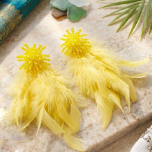 Load image into Gallery viewer, Yellow Beaded Cluster Long Feather Drop Earrings