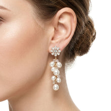 Load image into Gallery viewer, Dangle Gold Floral Cream Pearl Cascade Earrings
