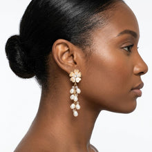 Load image into Gallery viewer, Dangle Gold Floral Cream Pearl Cascade Earrings