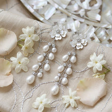 Load image into Gallery viewer, Dangle Silver Floral White Pearl Cascade Earrings