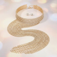 Load image into Gallery viewer, Long Gold Fringe Choker Necklace with Rhinestones