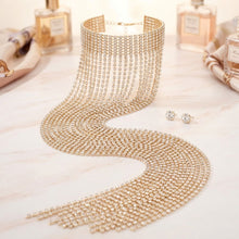 Load image into Gallery viewer, Long Gold Fringe Choker Necklace with Rhinestones