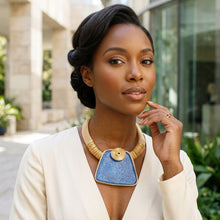 Load image into Gallery viewer, Large Blue Resin Pendant Gold Mesh Collar Necklace