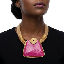 Load image into Gallery viewer, Large Pink Resin Pendant Gold Mesh Collar Necklace