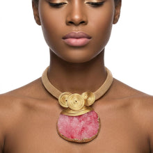 Load image into Gallery viewer, Pink Druzy Stone Pendant Gold Collar Necklace
