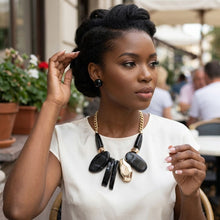 Load image into Gallery viewer, Chunky Black Geometric Marbled Resin Bib Necklace