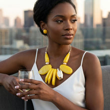 Load image into Gallery viewer, Chunky Yellow Geometric Marbled Resin Bib Necklace