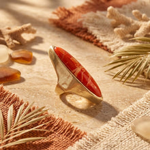 Load image into Gallery viewer, Cocktail Coral Elongated Oval Matte Gold Ring