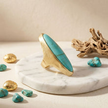 Load image into Gallery viewer, Cocktail Turquoise Elongated Oval Matte Gold Ring