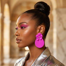 Load image into Gallery viewer, Large Stud Fuchsia Flower Fanned Teardrop Earrings