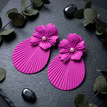 Load image into Gallery viewer, Large Stud Fuchsia Flower Fanned Teardrop Earrings