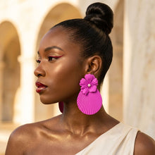 Load image into Gallery viewer, Large Stud Fuchsia Flower Fanned Teardrop Earrings