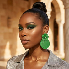 Load image into Gallery viewer, Large Stud Green Flower Fanned Teardrop Earrings