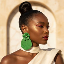 Load image into Gallery viewer, Large Stud Green Flower Fanned Teardrop Earrings