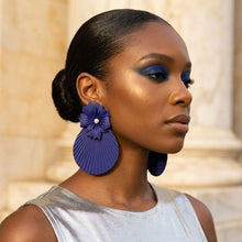 Load image into Gallery viewer, Large Stud Blue Flower Fanned Teardrop Earrings