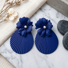 Load image into Gallery viewer, Large Stud Blue Flower Fanned Teardrop Earrings