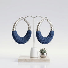 Load image into Gallery viewer, Hoop Denim Wrapped Thick Silver Bubble Earrings
