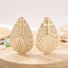 Load image into Gallery viewer, Gold Textured Teardrop Cross XL Stud Earrings