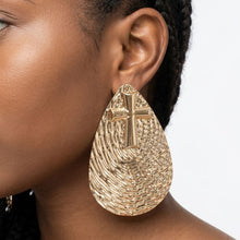 Load image into Gallery viewer, Gold Textured Teardrop Cross XL Stud Earrings