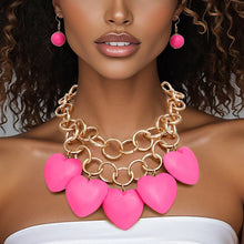 Load image into Gallery viewer, Bib Chunky Fuchsia Wooden Heart Bead Necklace