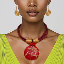Load image into Gallery viewer, Pendant Red Leather Wire Wrapped Resin Necklace