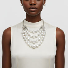 Load image into Gallery viewer, White Pearl and Silver Bead Layered Bib Necklace
