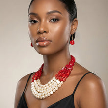 Load image into Gallery viewer, Beaded Marbed Red and Creamy Shine Layer Necklace