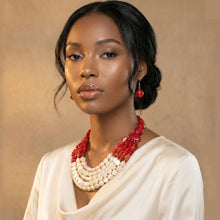 Load image into Gallery viewer, Beaded Marbed Red and Creamy Shine Layer Necklace
