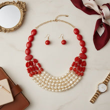 Load image into Gallery viewer, Beaded Marbed Red and Creamy Shine Layer Necklace