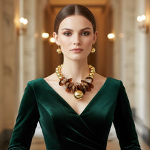 Load image into Gallery viewer, Chunky Stone Disc Gold Ball Bead Toggle Necklace