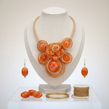 Load image into Gallery viewer, Orange Flower Wire Wrapped Bead Bib Necklace