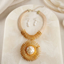 Load image into Gallery viewer, Gold Mesh Necklace with Spiral Sunburst Pendant