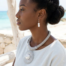 Load image into Gallery viewer, Silver Mesh Necklace with Spiral Sunburst Pendant