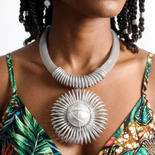 Load image into Gallery viewer, Silver Mesh Necklace with Spiral Sunburst Pendant