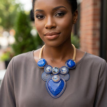 Load image into Gallery viewer, Blue Coiled Wire Heart Handmade Bib Necklace