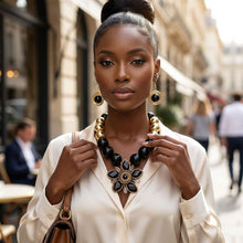 Load image into Gallery viewer, Black and Gold Jumbo Bead Flower Pendant Necklace