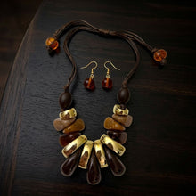 Load image into Gallery viewer, Brown & Gold Resin Teardrop Cord Tribal Necklace