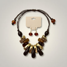 Load image into Gallery viewer, Brown & Gold Resin Teardrop Cord Tribal Necklace